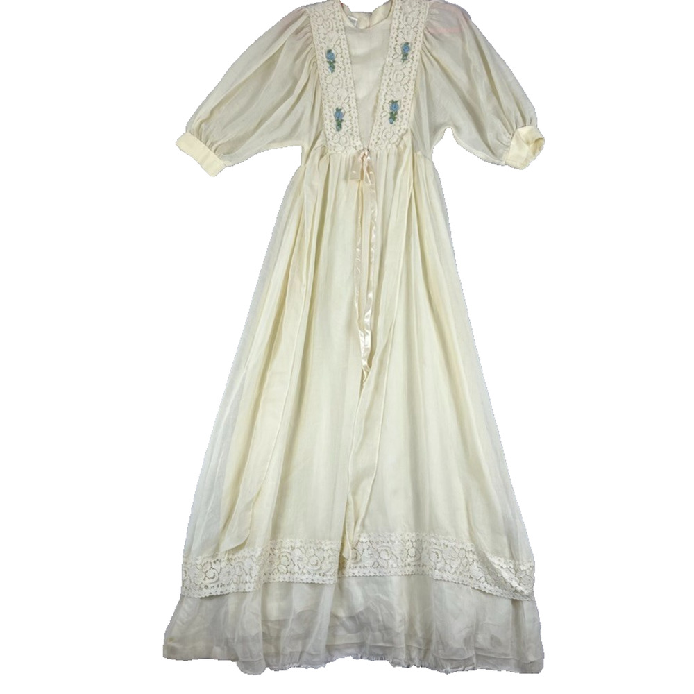 Vintage Cotton Blend Lace Peignoir Robe Women's Size 7 Ivory Sheer Sleeves